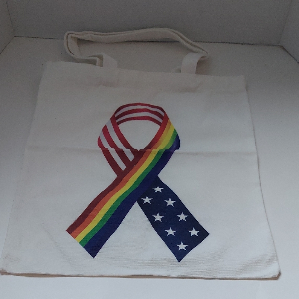 White Canvas Tote Bag with Rainbow and Stars Design